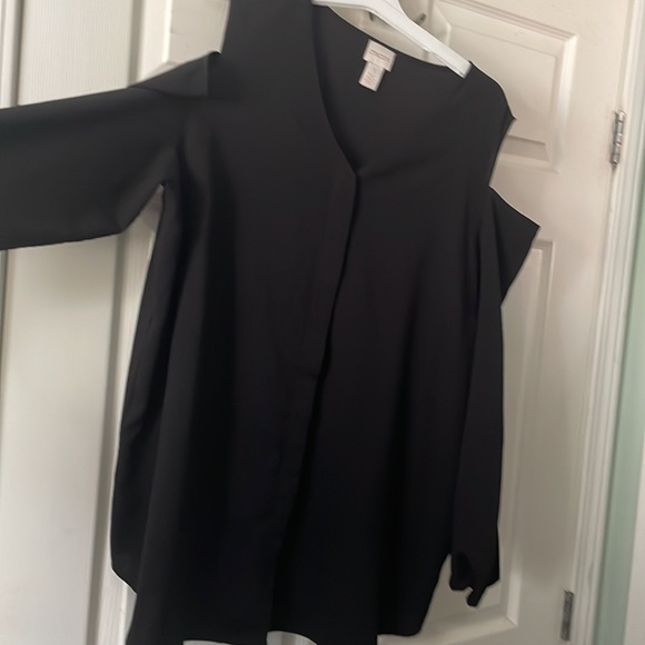 Chico’s 3 COLD SHOULDER white buttons Black blouse long sleeved v neck LNC - Picture 7 of 9